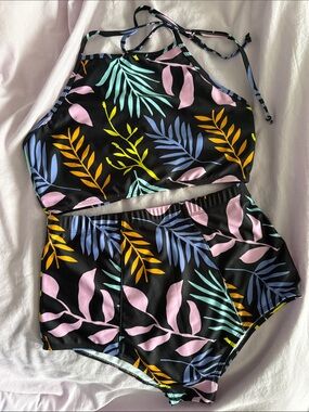 Kingdom and State High-Neck Tropical Print Two-Piece Swim Set